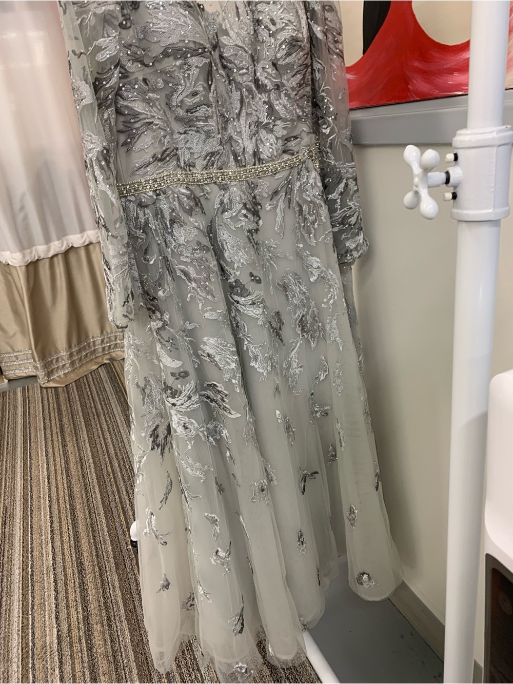 Embellished Silver Evening Gown - Elegant Long Sleeve Formal Dress